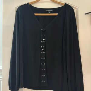 INC (Macys) lace up black top with elastic sleeves XL